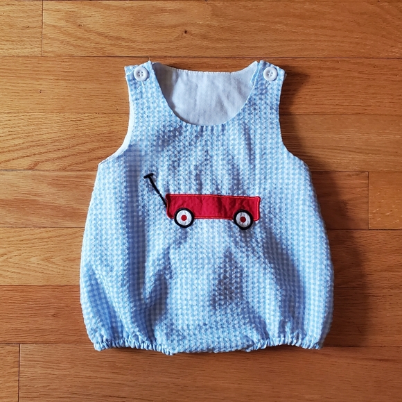 Other - Smocked bubble blue white gingham red wagon 3-6 month cute outfit romper